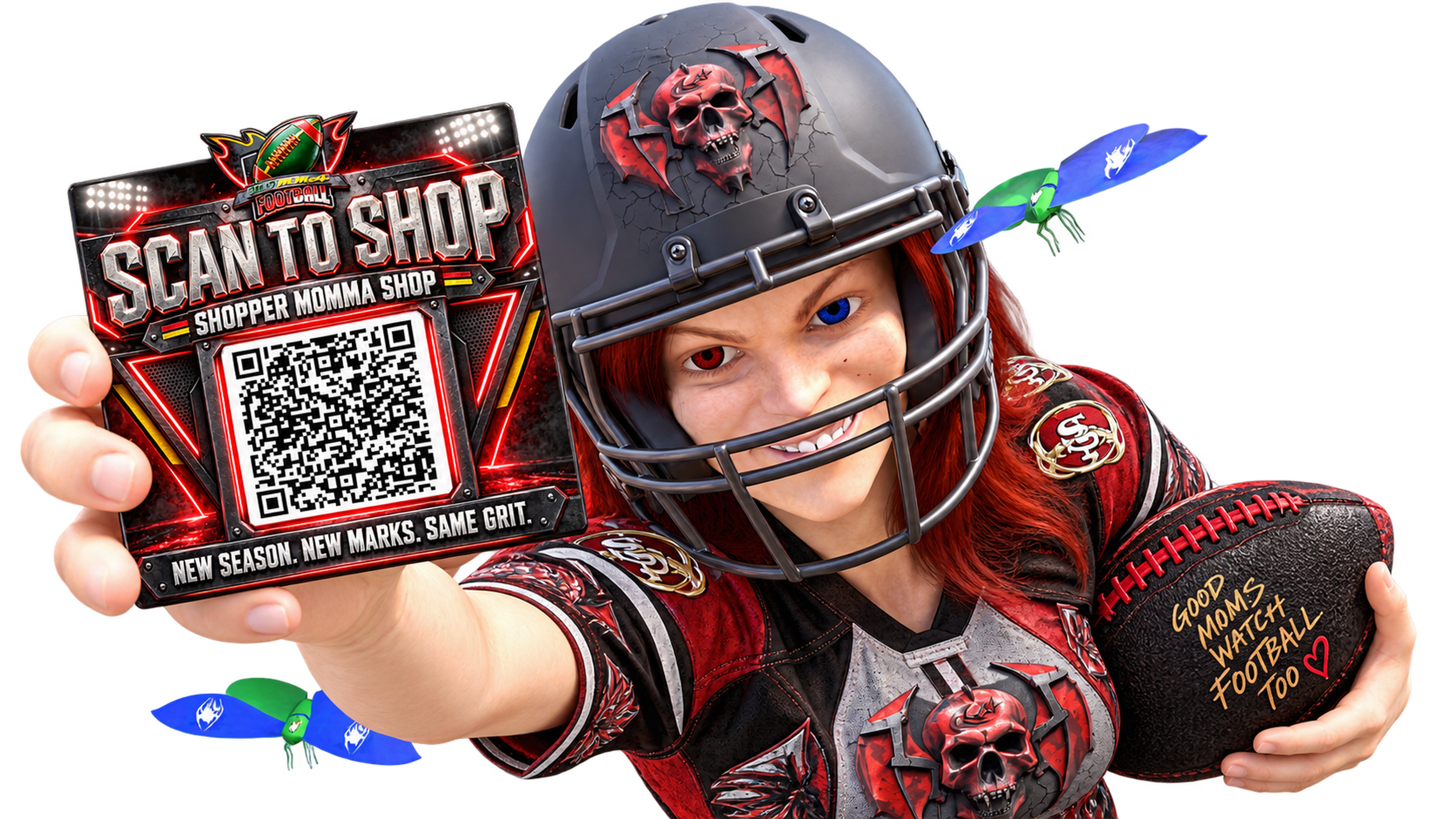 Smiling Matilda in a red, black and gray football uniform, presenting a Shopper Momma QR card in her right hand and holding a black football in her left hand